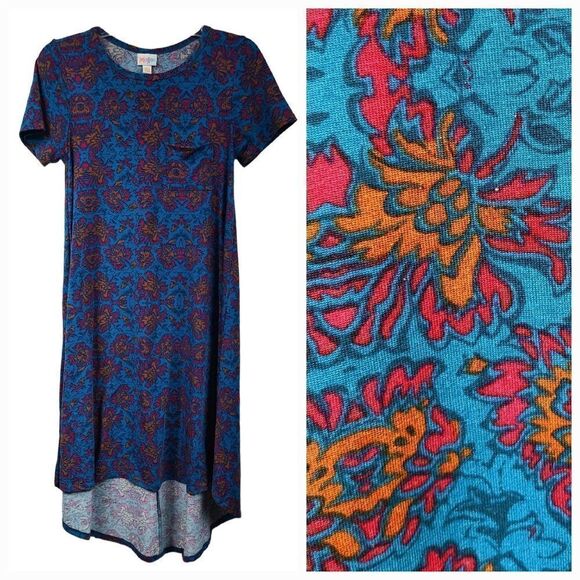 LuLaRoe Carly Dress Teal Floral Print Midi Pocket Hi-Low Butter Soft Casual - Picture 1 of 8